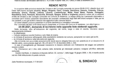 ELEZIONI COMUNALI DEL 3 E 4 OTTOBRE 2021 – ESERCIZIO DEL DIRITTO DI VOTO E DI ELEGGIBILITA’ IN ITALIA ALLE ELEZIONI COMUNALI PER I CITTADINI DELL’UNIONE EUROPEA